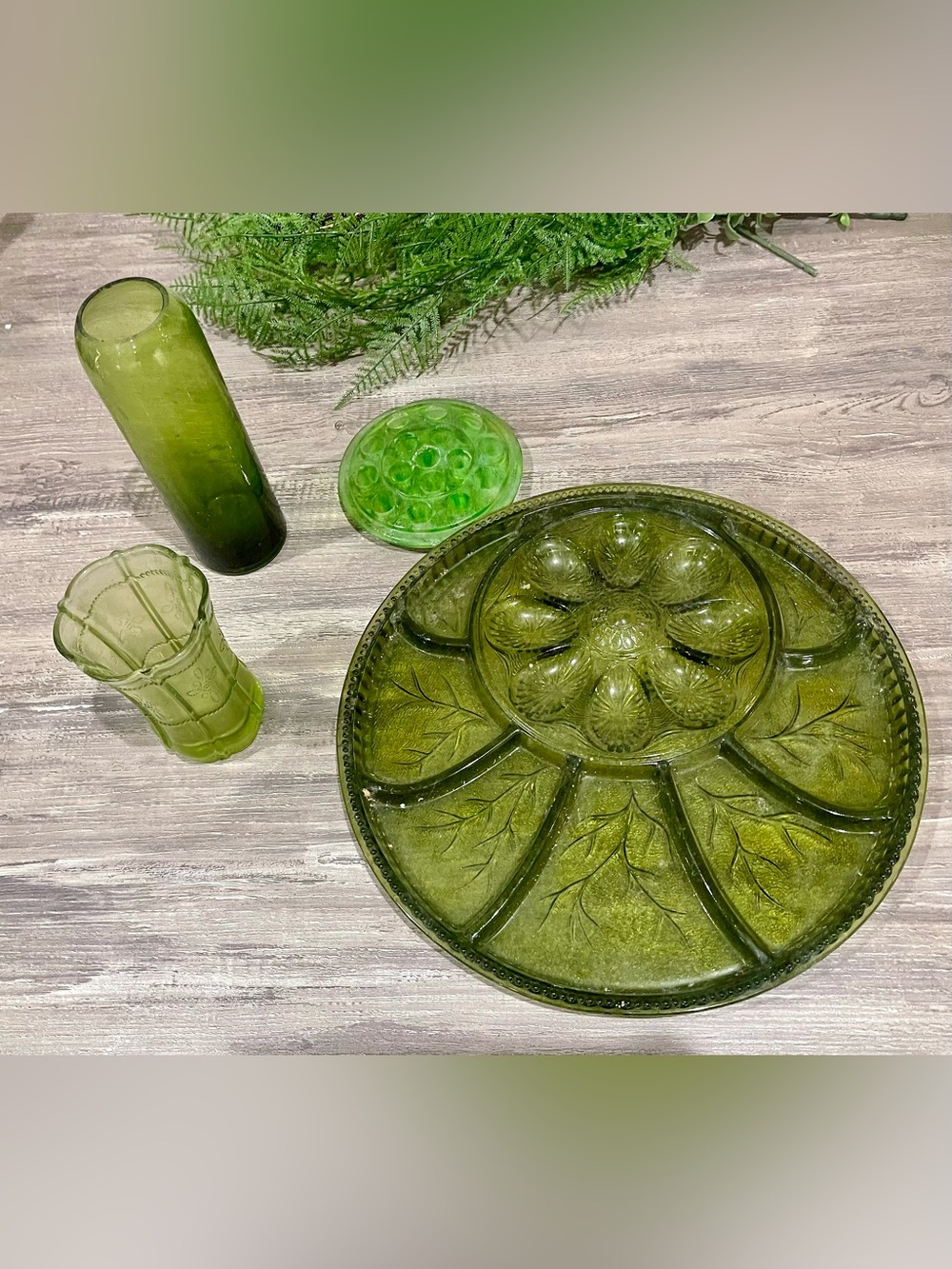 Etienne Aigner Olive Green Glass Divided Serving Platter, Vases and Flower divid